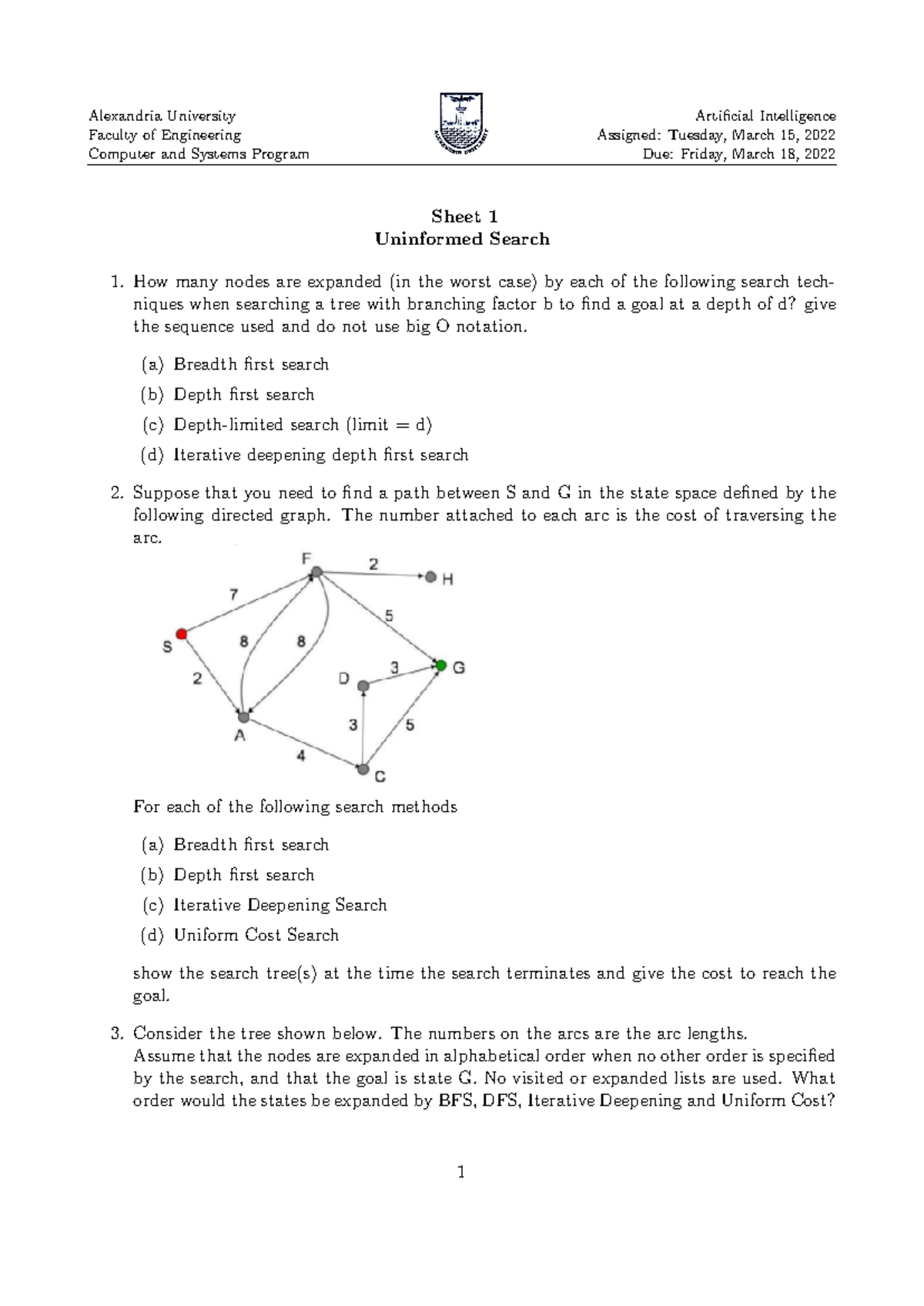 AI 101: Uninformed Search Techniques - Sheet 1 Solutions - Studocu