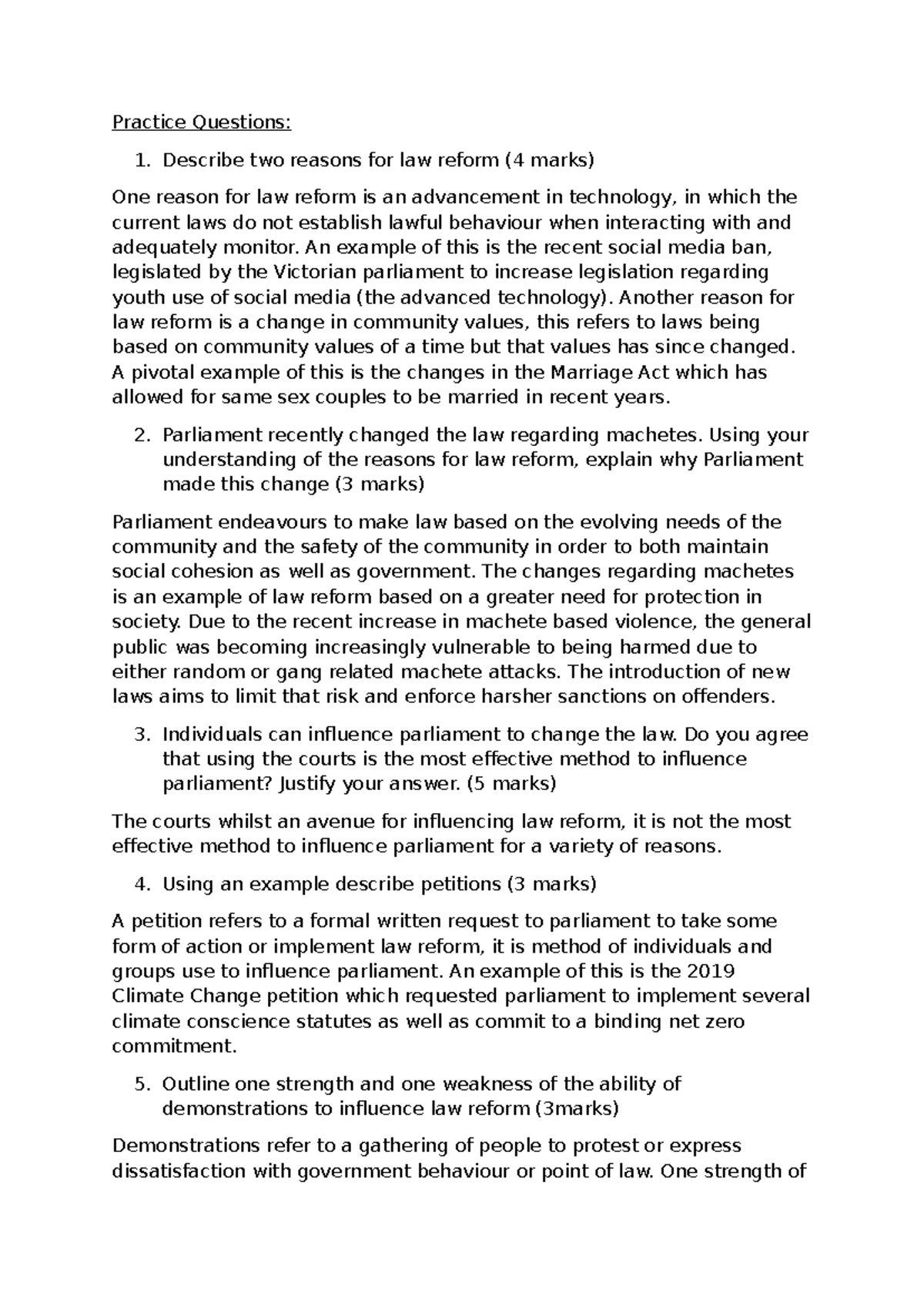 Legal Ch13 Practice Questions on Law Reform and Influences - Studocu