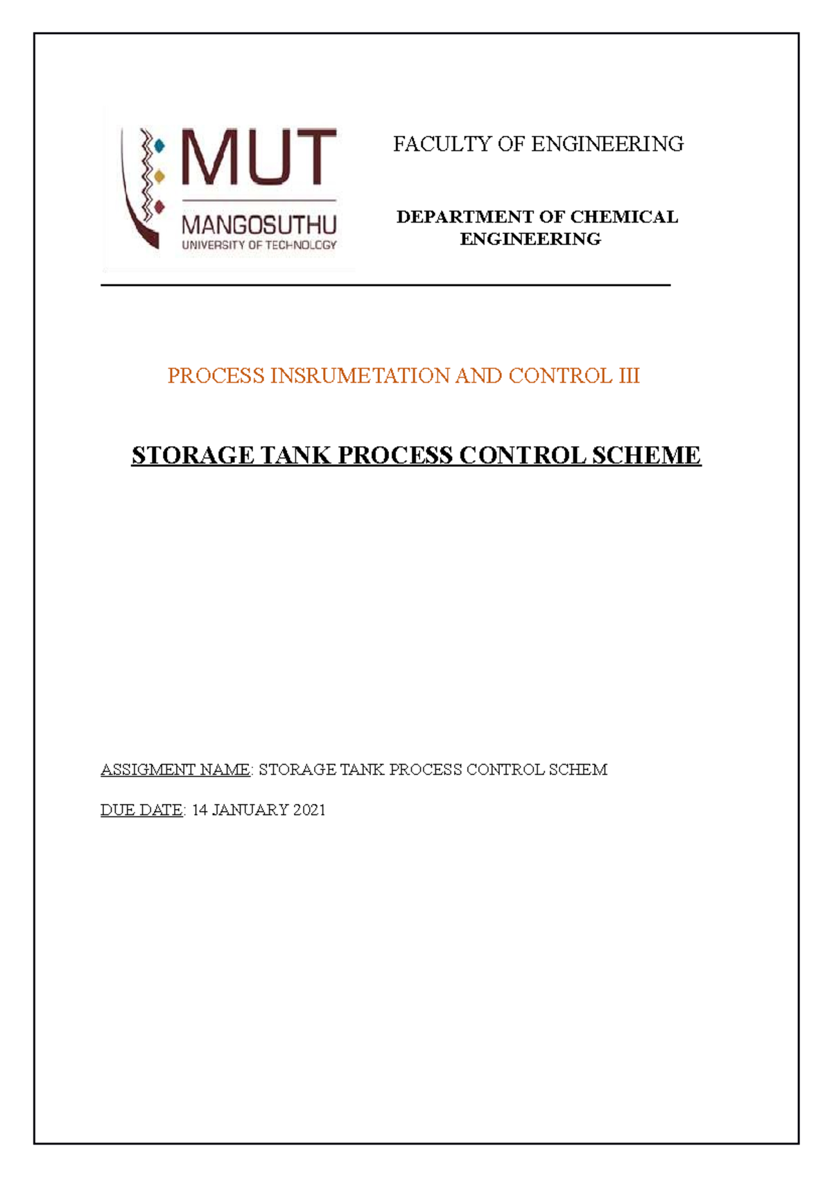 Storage Tank Process Control Scheme - CHE 301 Assignment Report - Studocu