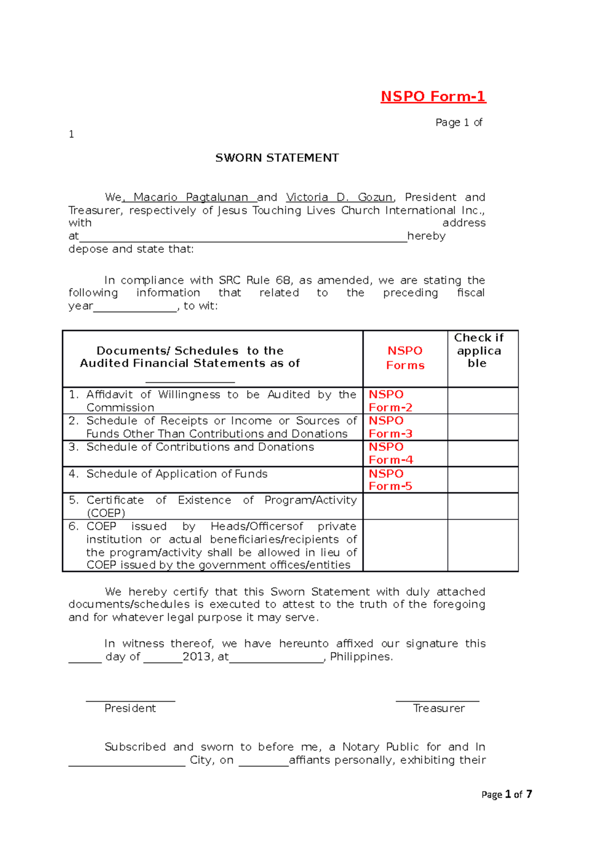 NSPO 68-A Forms: Sworn Statement & Audit Willingness Schedule - Studocu