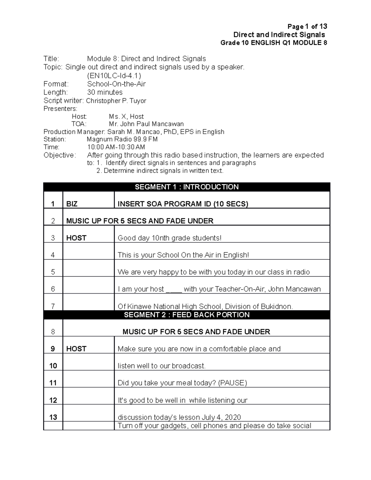 Grade 10 English Q1 Module 8: Direct and Indirect Signals - Studocu