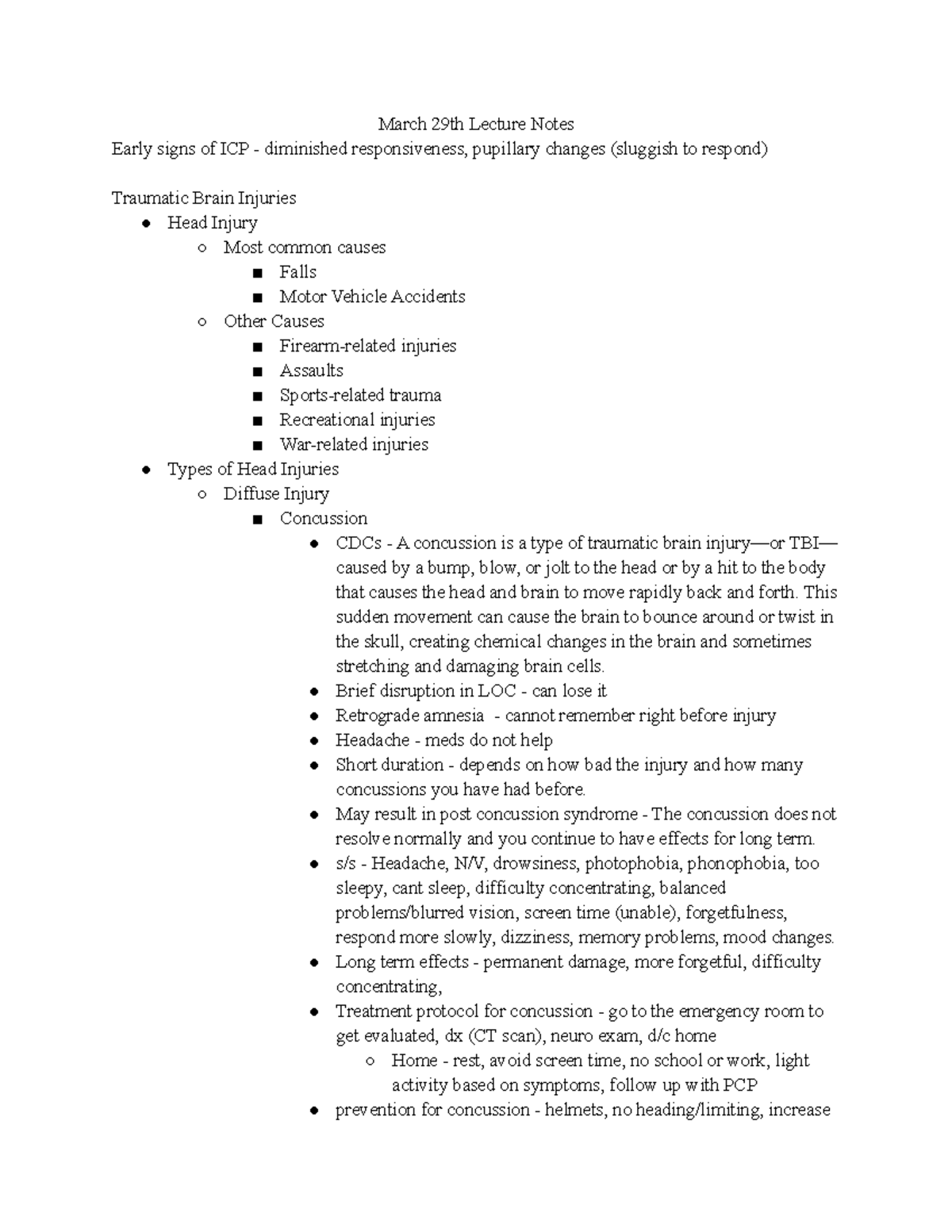 March 29th Lecture Notes: Traumatic Brain Injuries Overview - Studocu