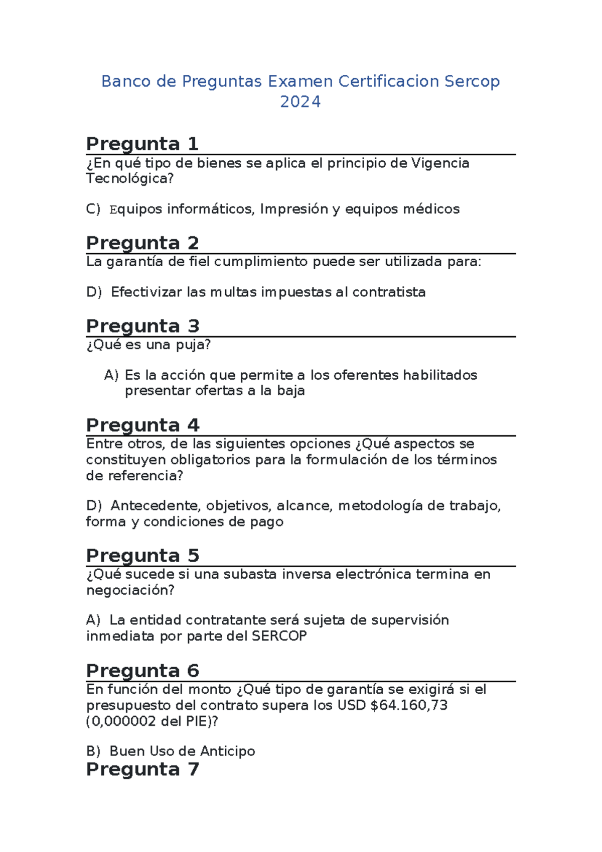 Banco de Preguntas - Examen Certificación SERCOP 2024 - Studocu
