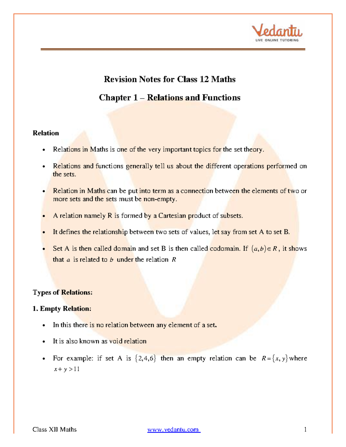 CBSE Class 12 Maths Chapter 1: Relations & Functions Revision Notes PDF ...