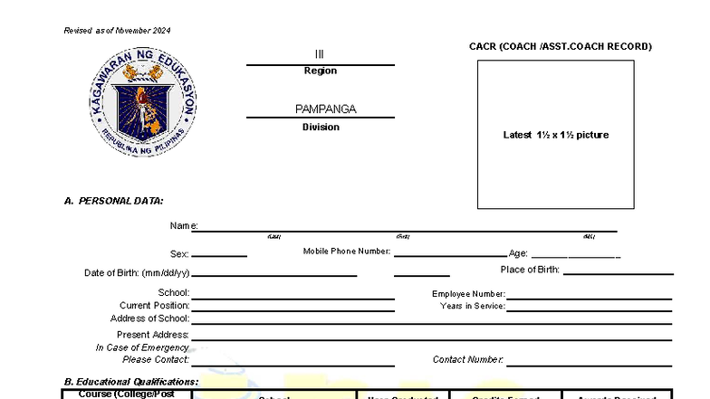 Revised Coach Record & Commitment Certificate for Palarong Pambansa ...