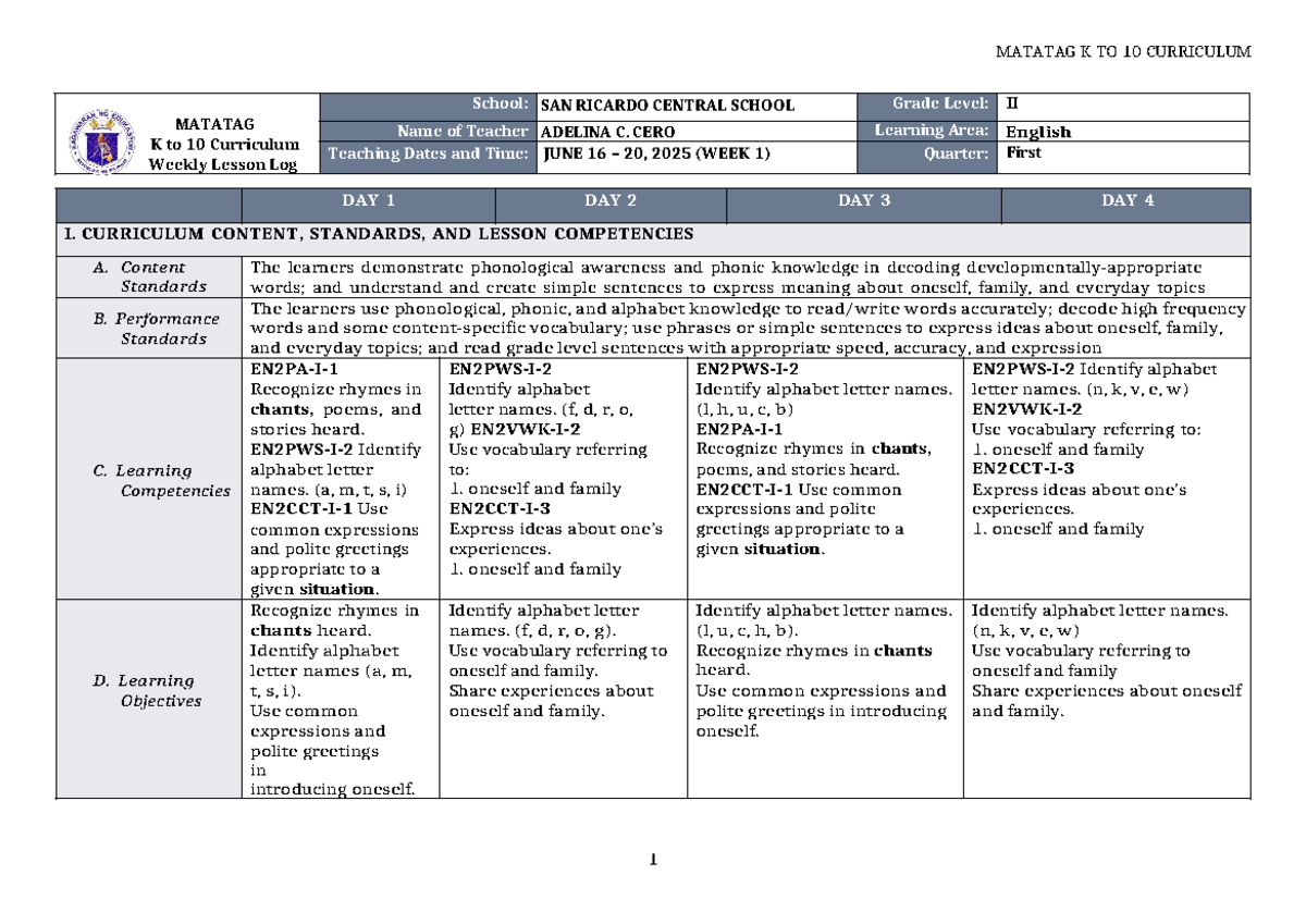 DLL Matatag K to 10 English Grade 2 Weekly Lesson Log (Q1 W1) - Studocu
