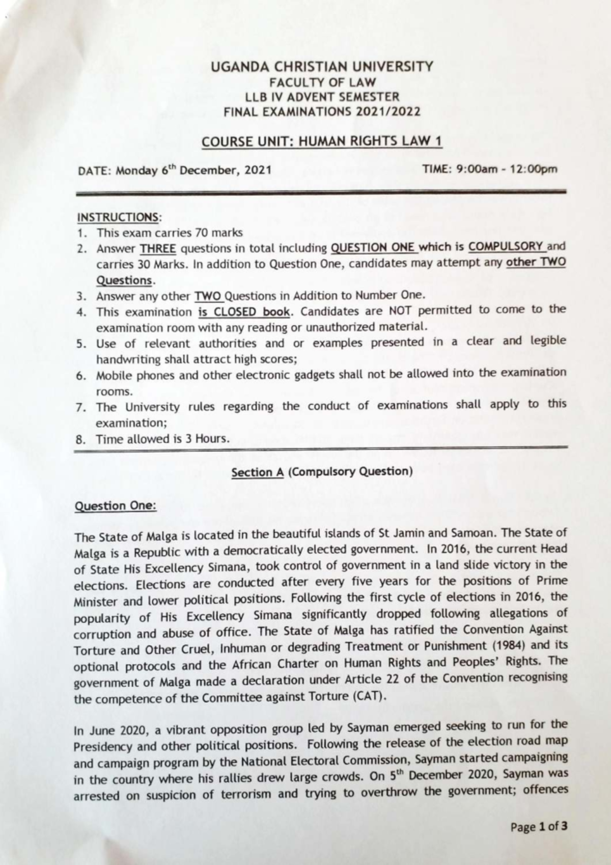 LLB IV Advent Semester 2021 Final Exam: Human Rights Law Past Paper ...
