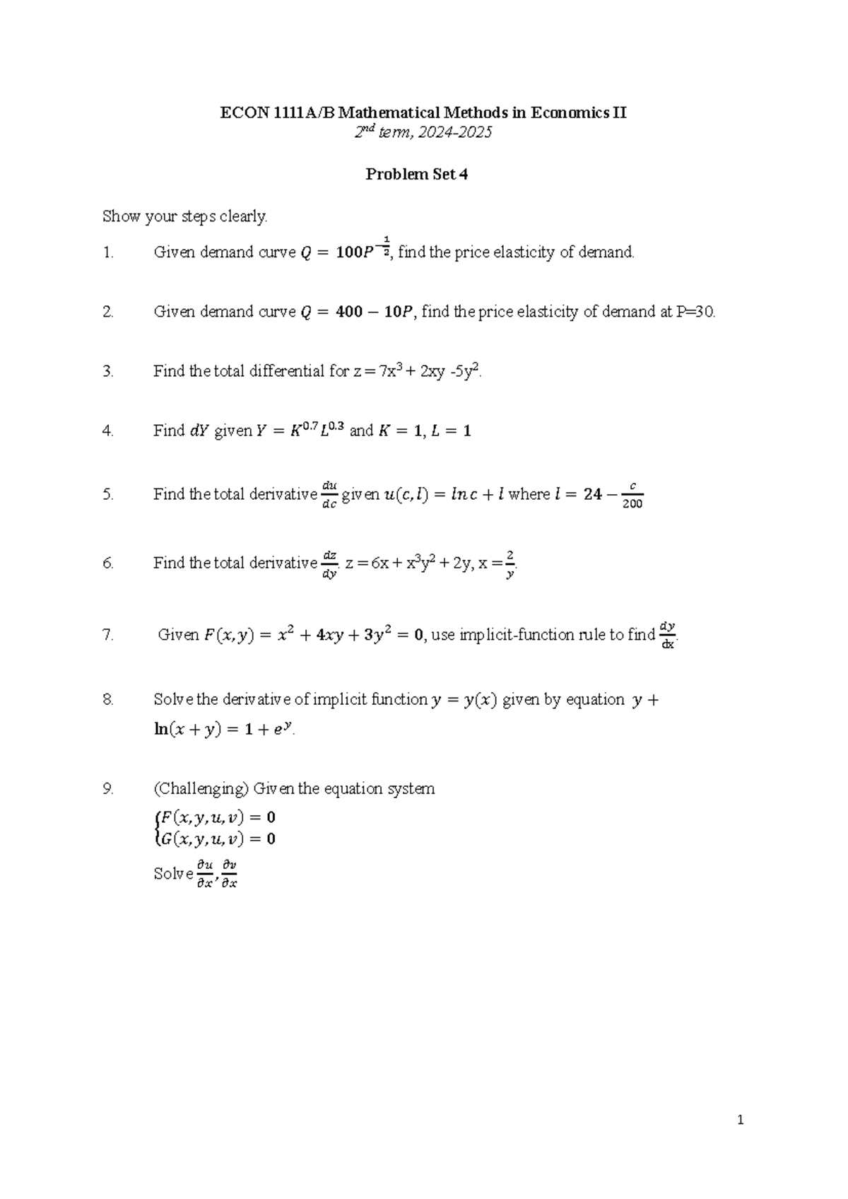 S25 ECON 1111AB Problem Set 4: Mathematical Methods in Economics - Studocu