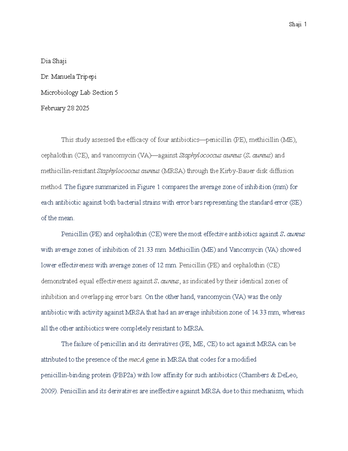 Microbiology Lab Report: Efficacy of Antibiotics on MRSA (Section 5 ...