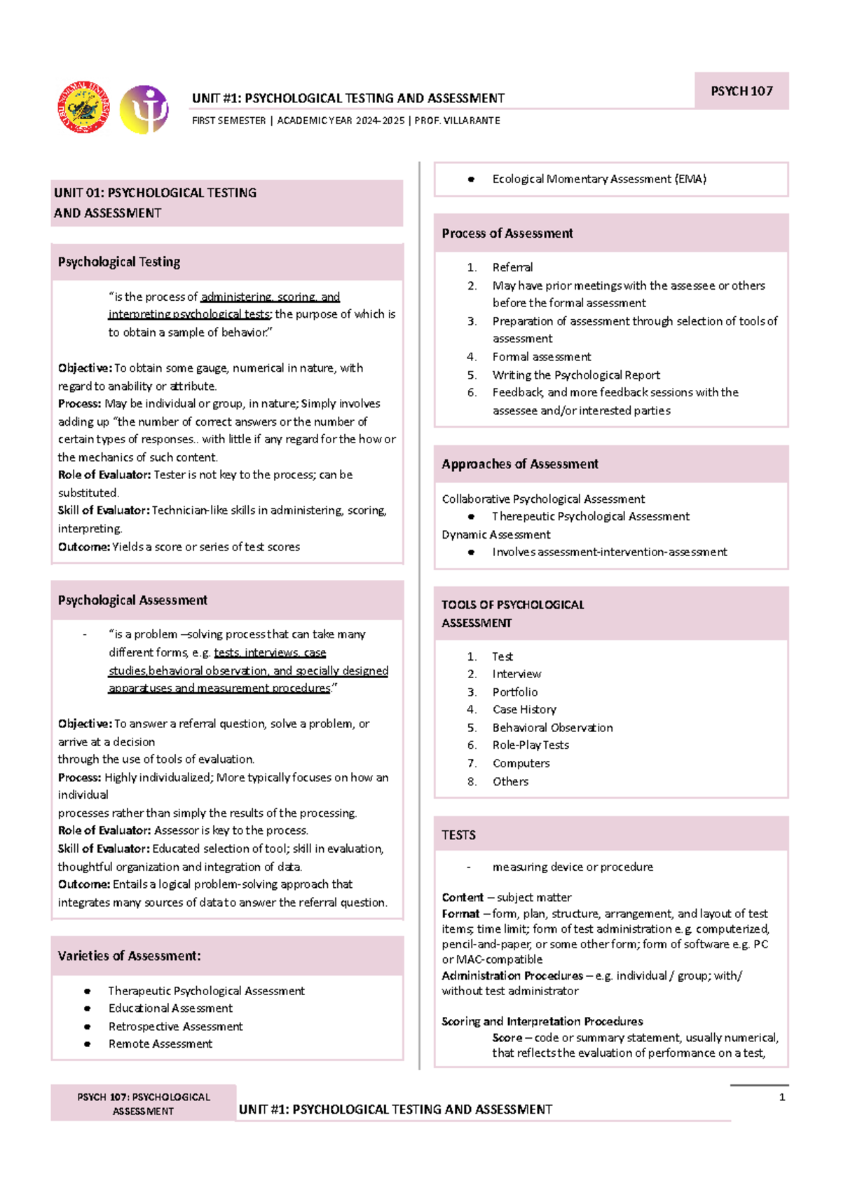 UNIT #1 Psychological Testing AND Assessment - FIRST SEMESTER ...