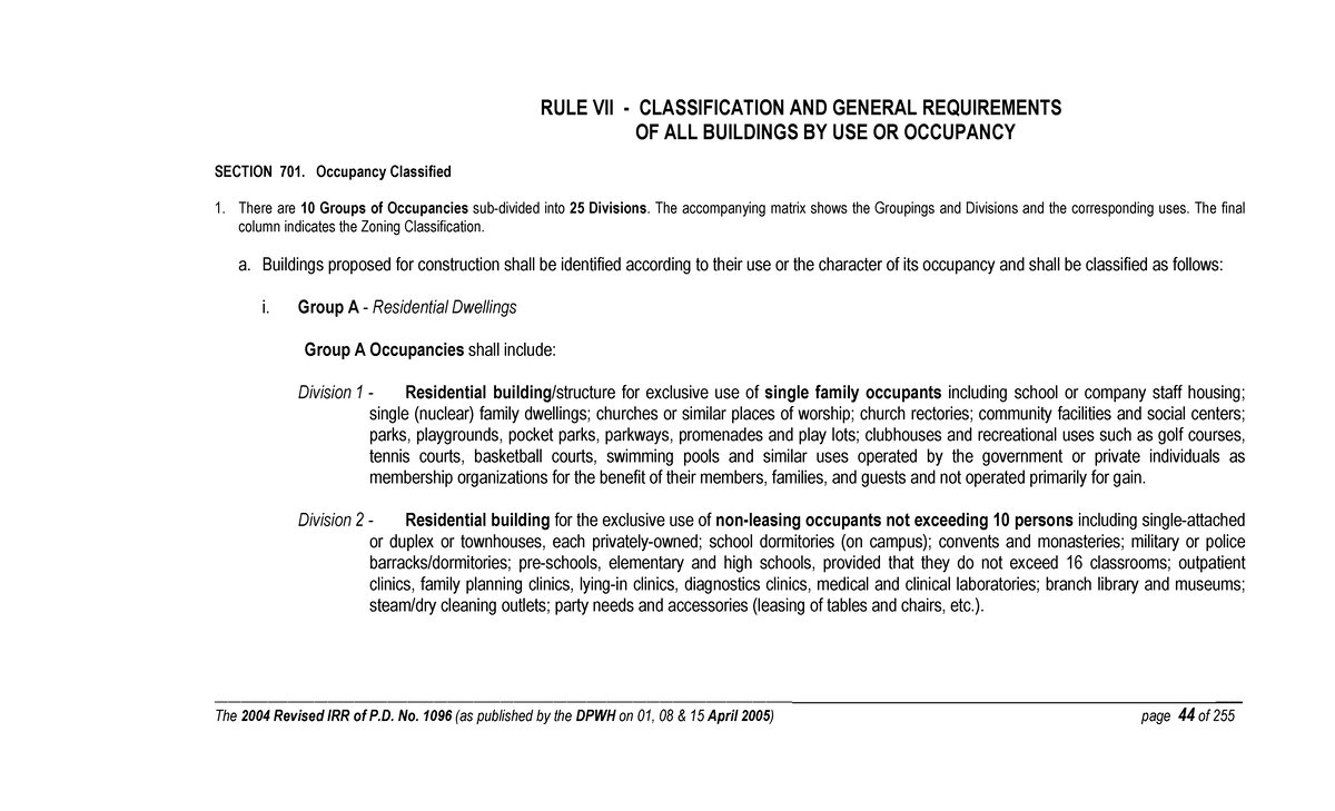 IRR Rule VII (2004) - Building Occupancy Classification & Requirements ...