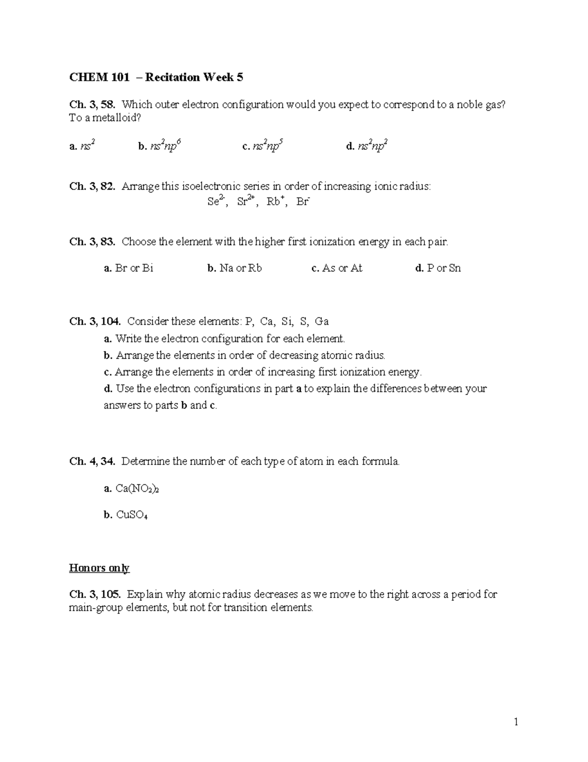 CHEM 101 Recitation Week 5: Electron Configurations & Trends - Studocu