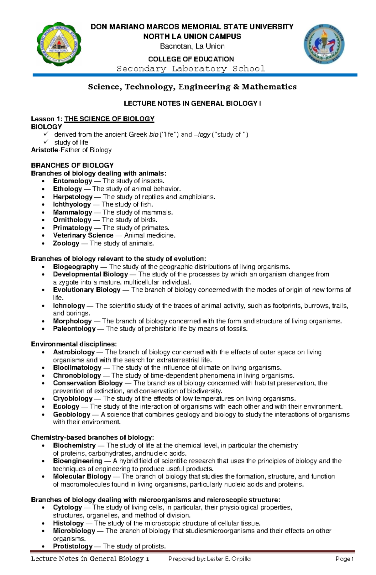 LECTURE NOTES IN GENERAL BIOLOGY I (BIO 101) - Comprehensive Overview ...