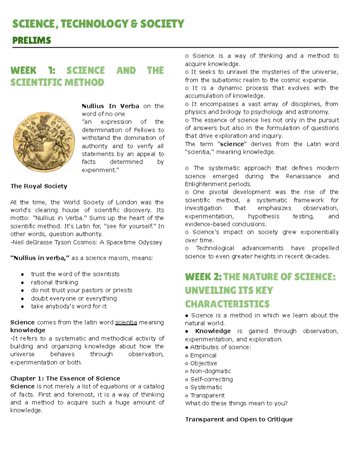 Copy of STS101 Prelim - SCIENCE, TECHNOLOGY & SOCIETY PRELIMS WEEK 1 ...