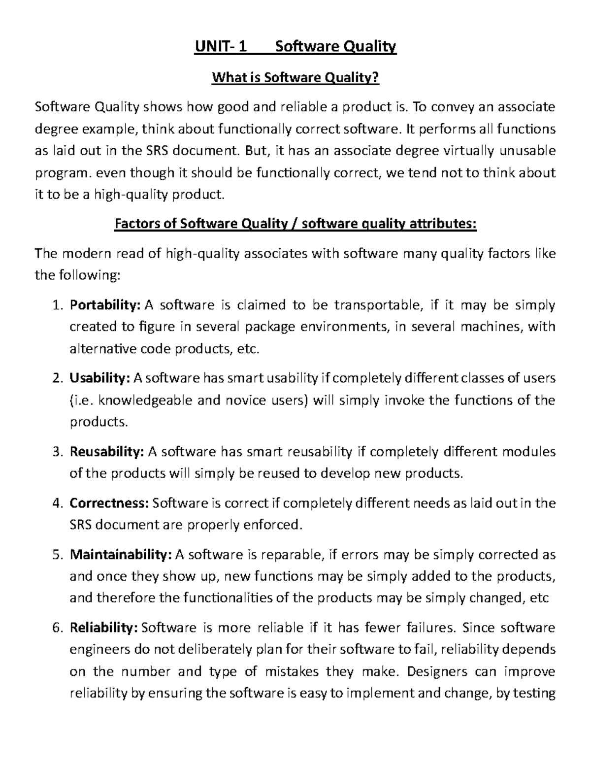 SQE Unit 1 Notes: Understanding Software Quality and Attributes - Studocu