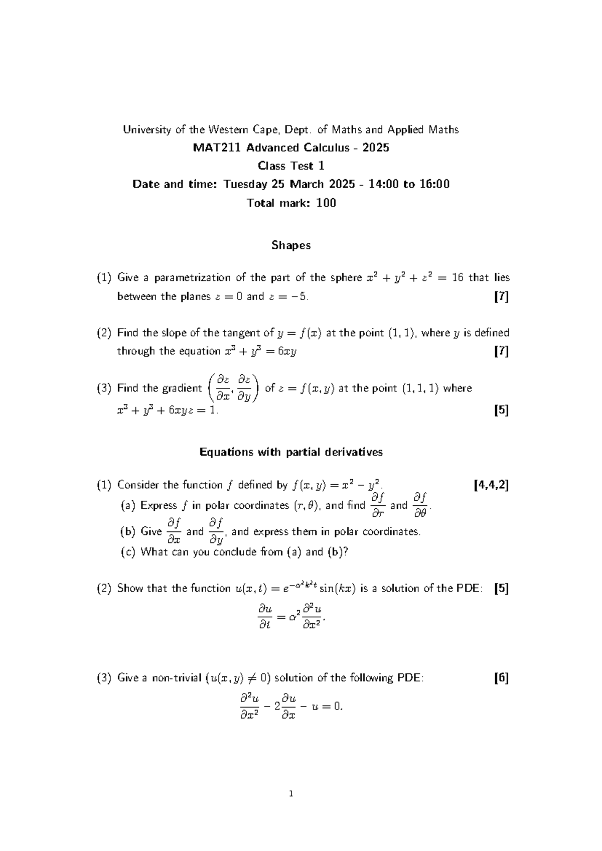 2025 MAT211 Advanced Calculus Class Test 1 Review Notes - Studocu