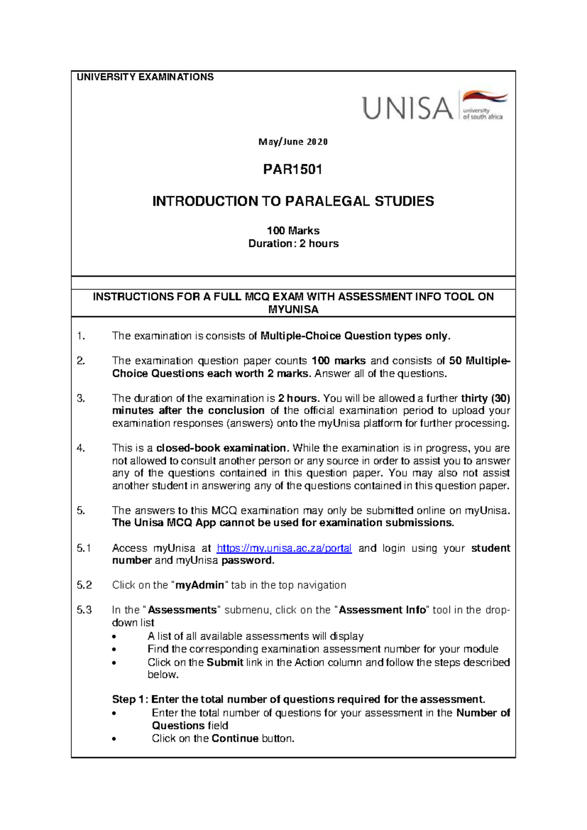 PAR1501 FINAL EXAM 2020: INTRODUCTION TO PARALEGAL STUDIES MCQs - Studocu