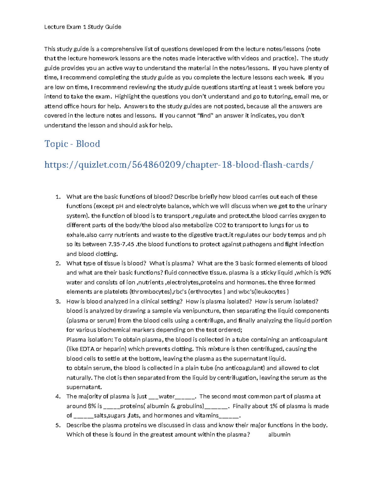 Lecture Exam 1 Study Guide: Blood and Heart Physiology - Studocu