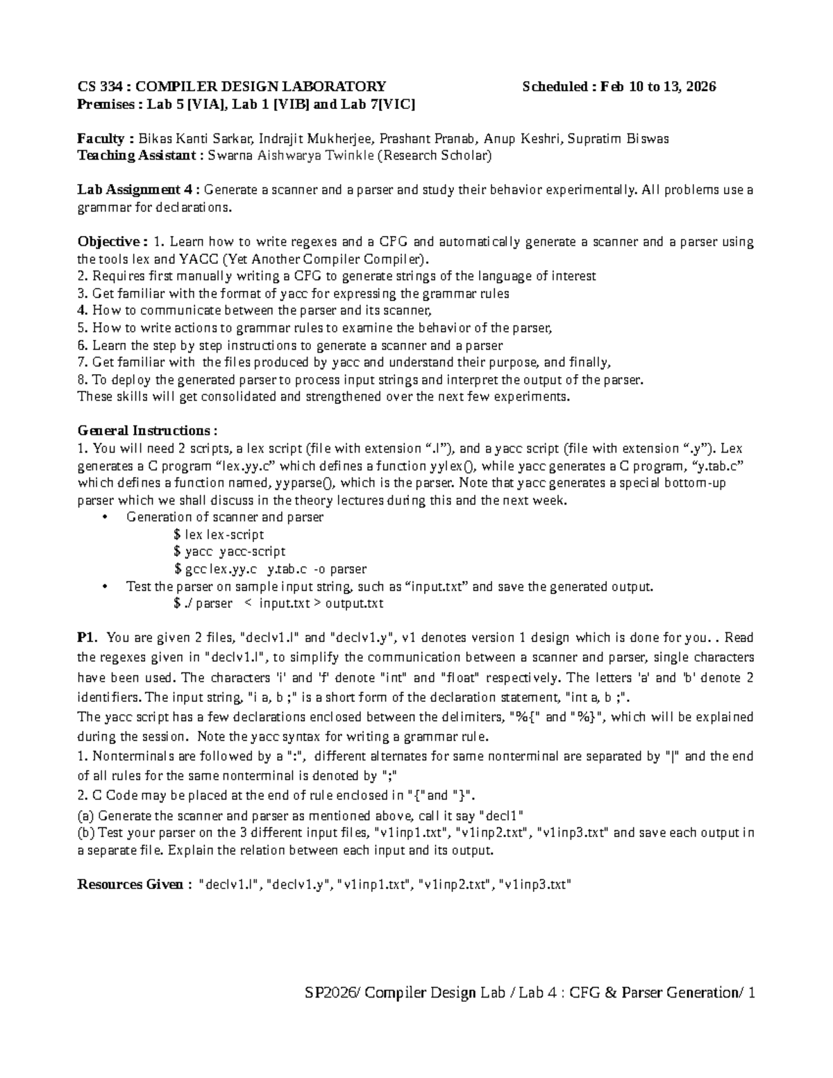 CS 334: Compiler Design Lab Assignment 4 - Scanner & Parser Generation ...