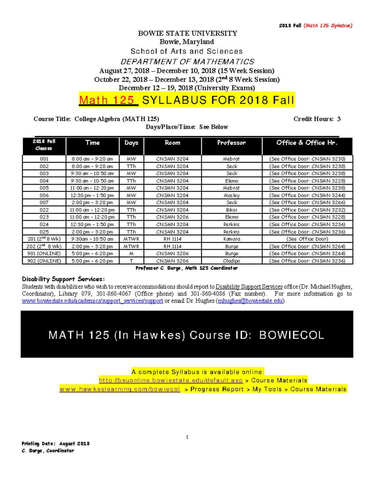 2018 Fall MATH 125 Syllabus: College Algebra Course Details - Studocu