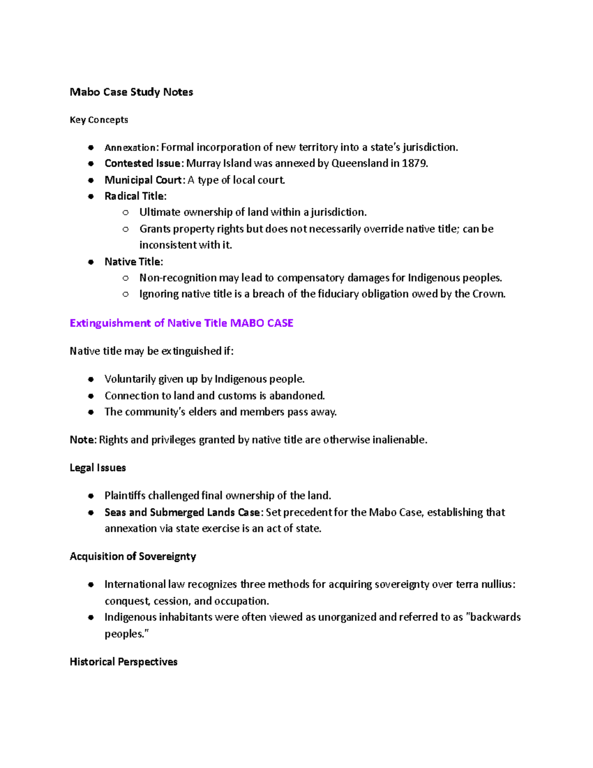 MABO Case Study Notes: Key Legal Concepts & Implications - Studocu