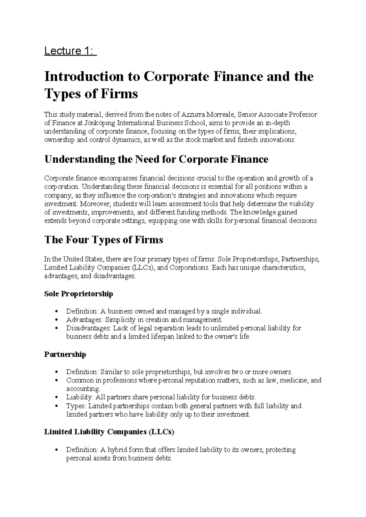 Lecture 1 Introduction - Understanding the Need for Corporate Finance ...