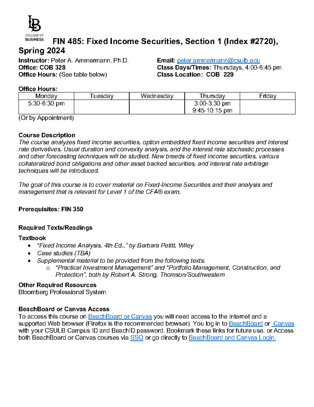 Syllabus - FIN 485-01 - Fixed Income Securities - Spring 2024 - Studocu