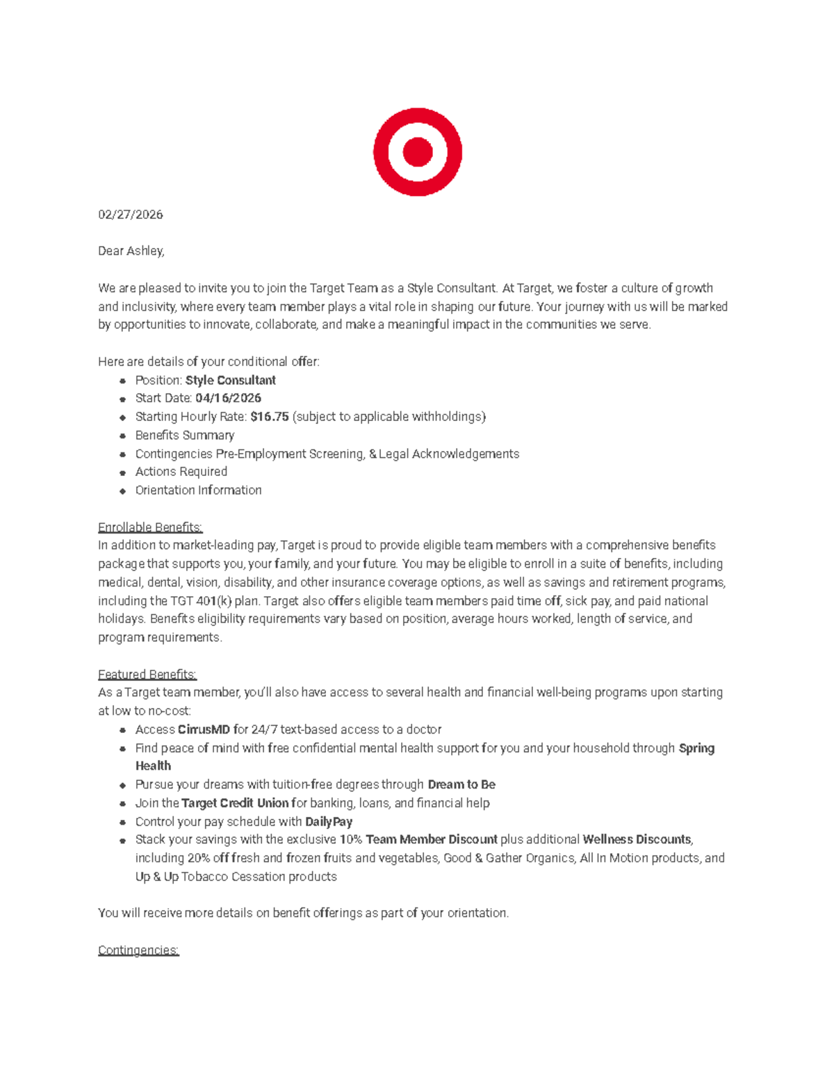 Congratulations - Target Style Consultant Offer Letter 2026 - Studocu