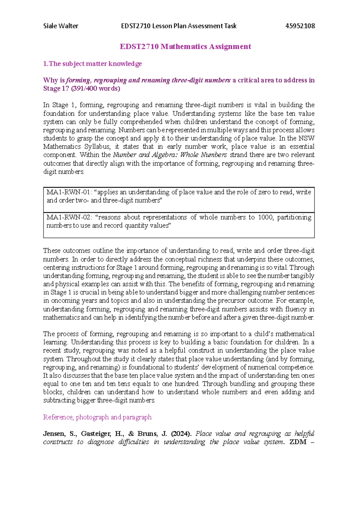 EDST2710 Mathematics Lesson Plan: Forming, Regrouping & Renaming ...