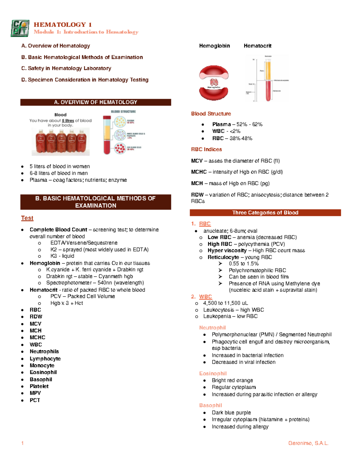 HEMA 20LEC 20MOD 201 - Hema - HEMATOLOGY 1 Module 1: Introduction to ...