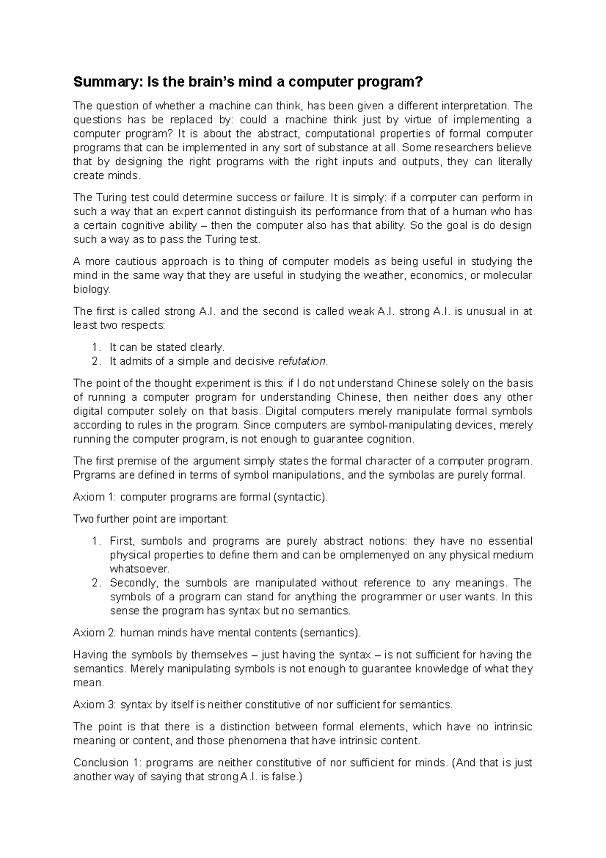 Article 7 - The Brain's Mind: Can It Be a Computer Program? Notes ...