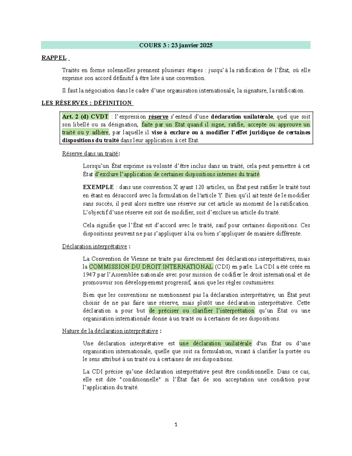 International C3 - COURS 3 : 23 janvier 2025 RAPPEL Traités en forme ...