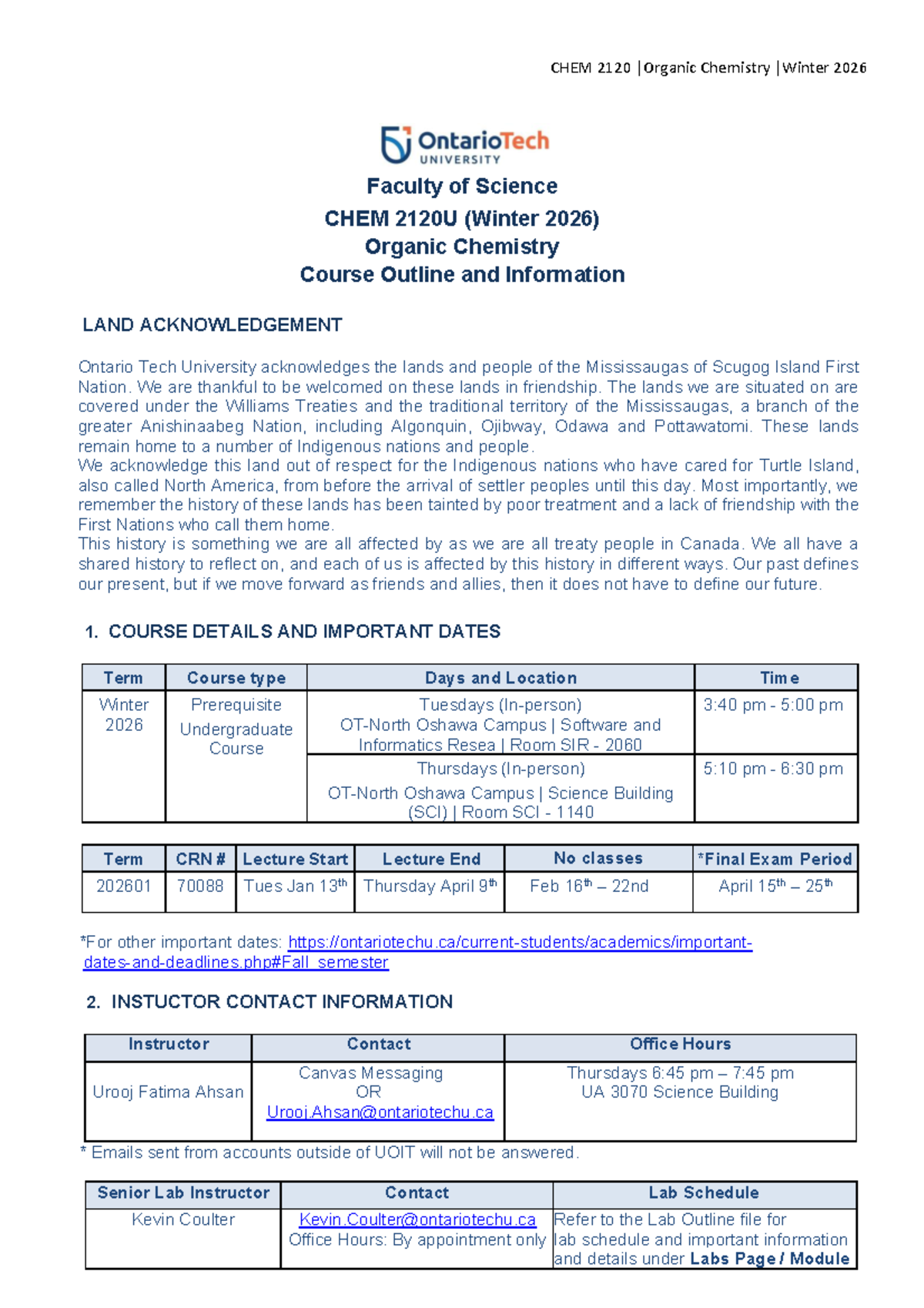 CHEM 2120U Organic Chemistry Syllabus - Winter 2026 Overview - Studocu