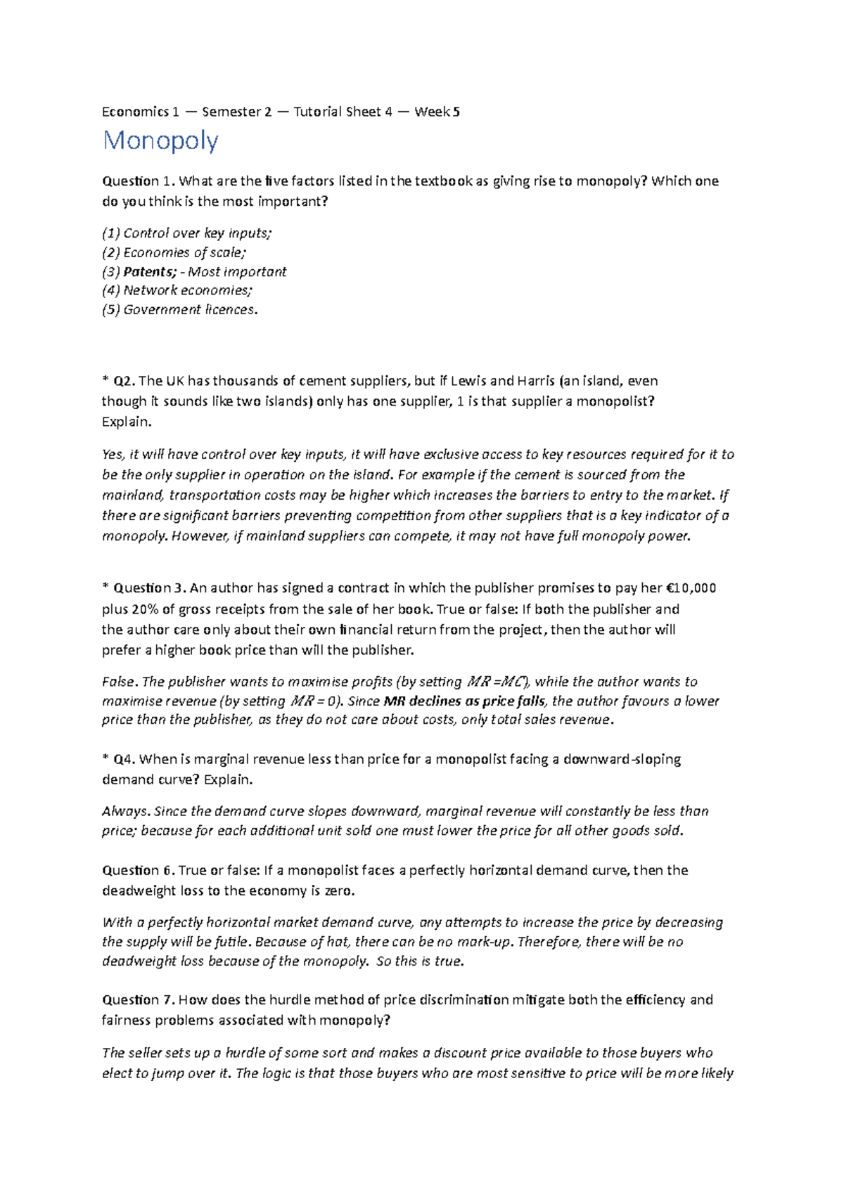 Economics 1 — Semester 2 — Tutorial Sheet 4 — Week 5 - Economics 1 ...