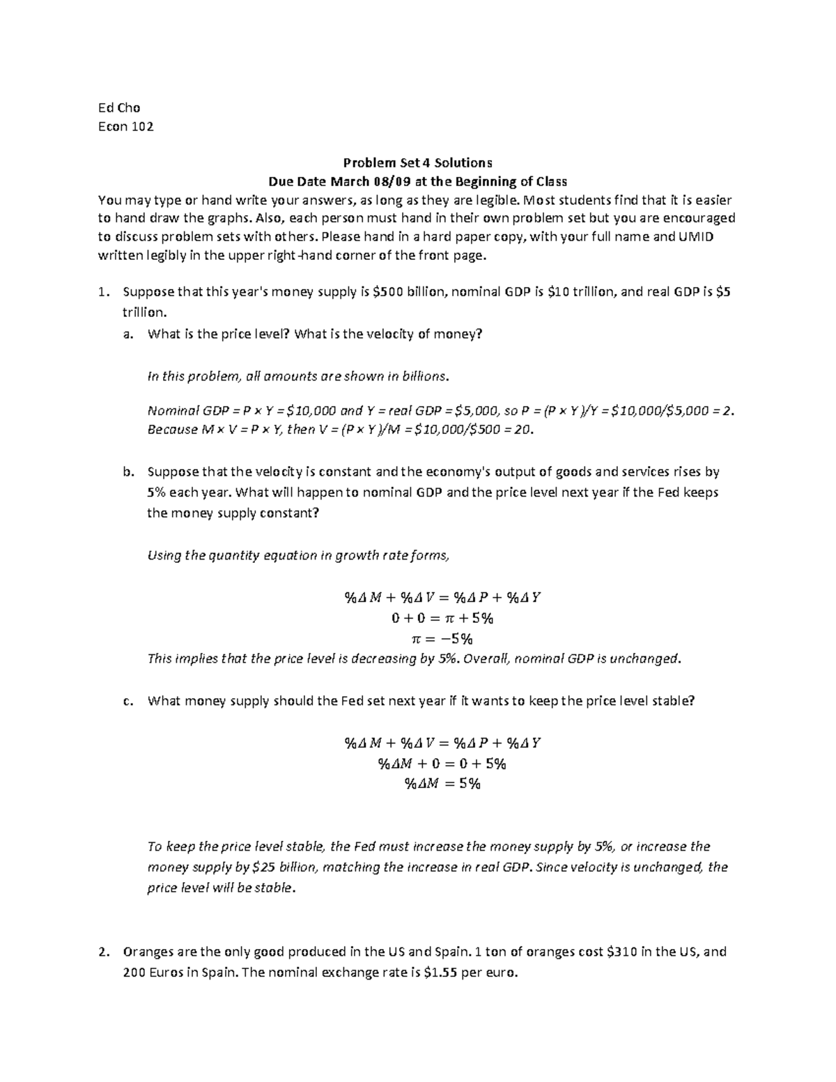 Problem set 4 macro solutions - Ed Cho Econ 102 Problem Set 4 Solutions ...