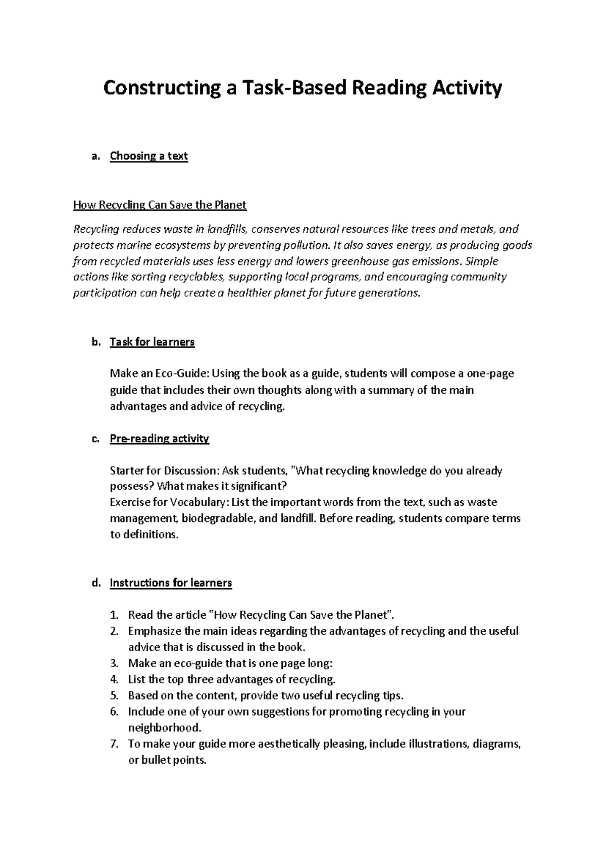 Constructing a Task - Teaching English for English as second language ...