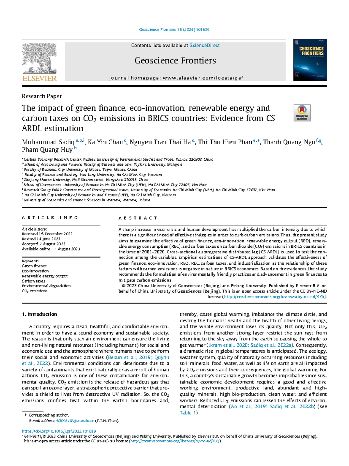 The Impact of Green Finance and Carbon Taxes on CO2 Emissions in BRICS ...