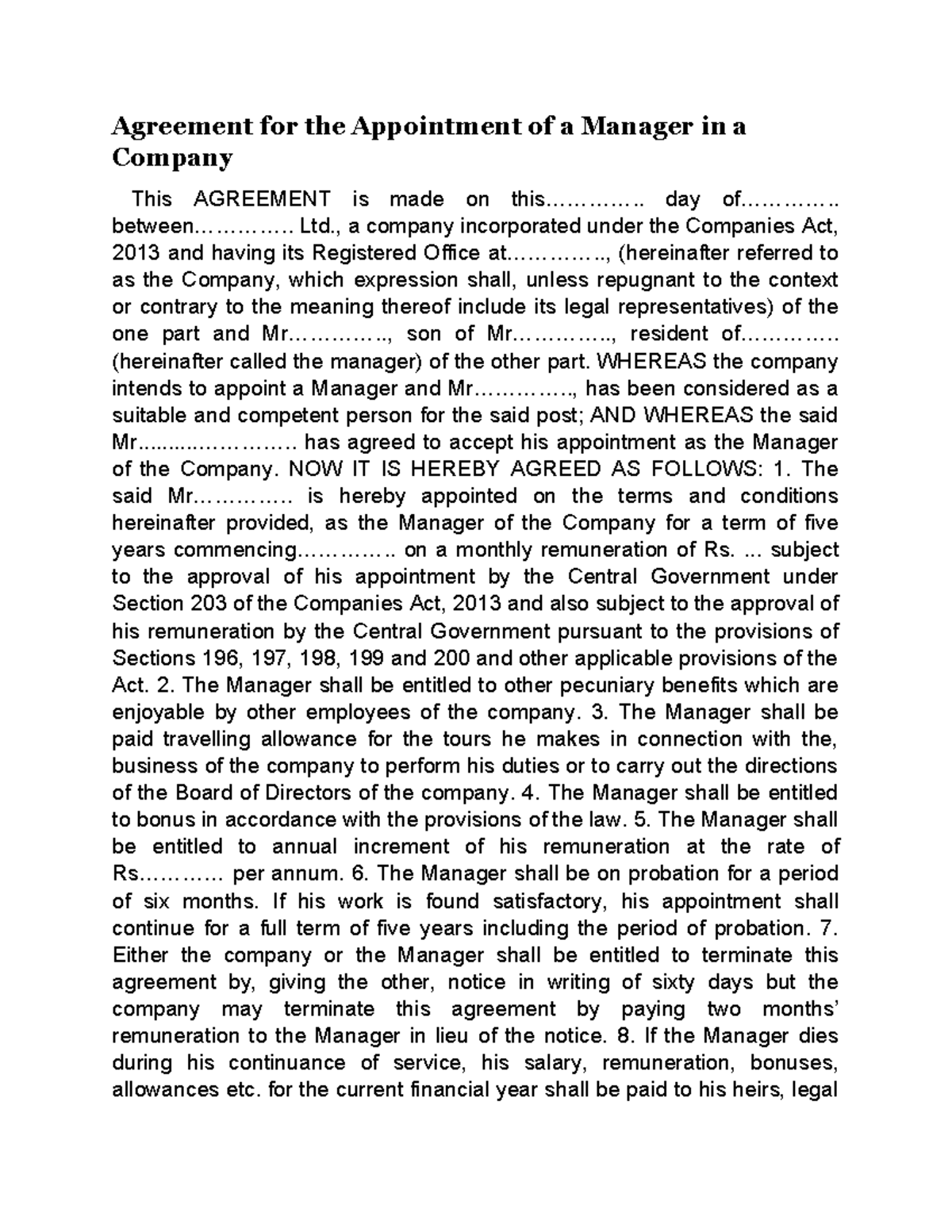 Agreement for the Appointment of a Manager in a Company - Agreement for ...