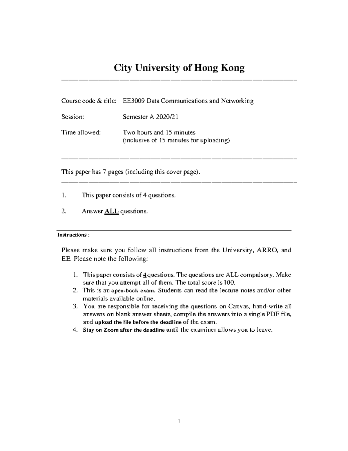 EE3009 Final Exam 2020-21 Semester A: Data Communications & Networking ...