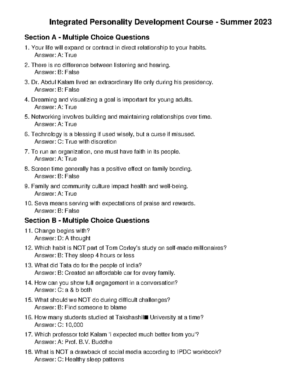 IPDC Summer 2023 Questions and Answers - Integrated Personality ...