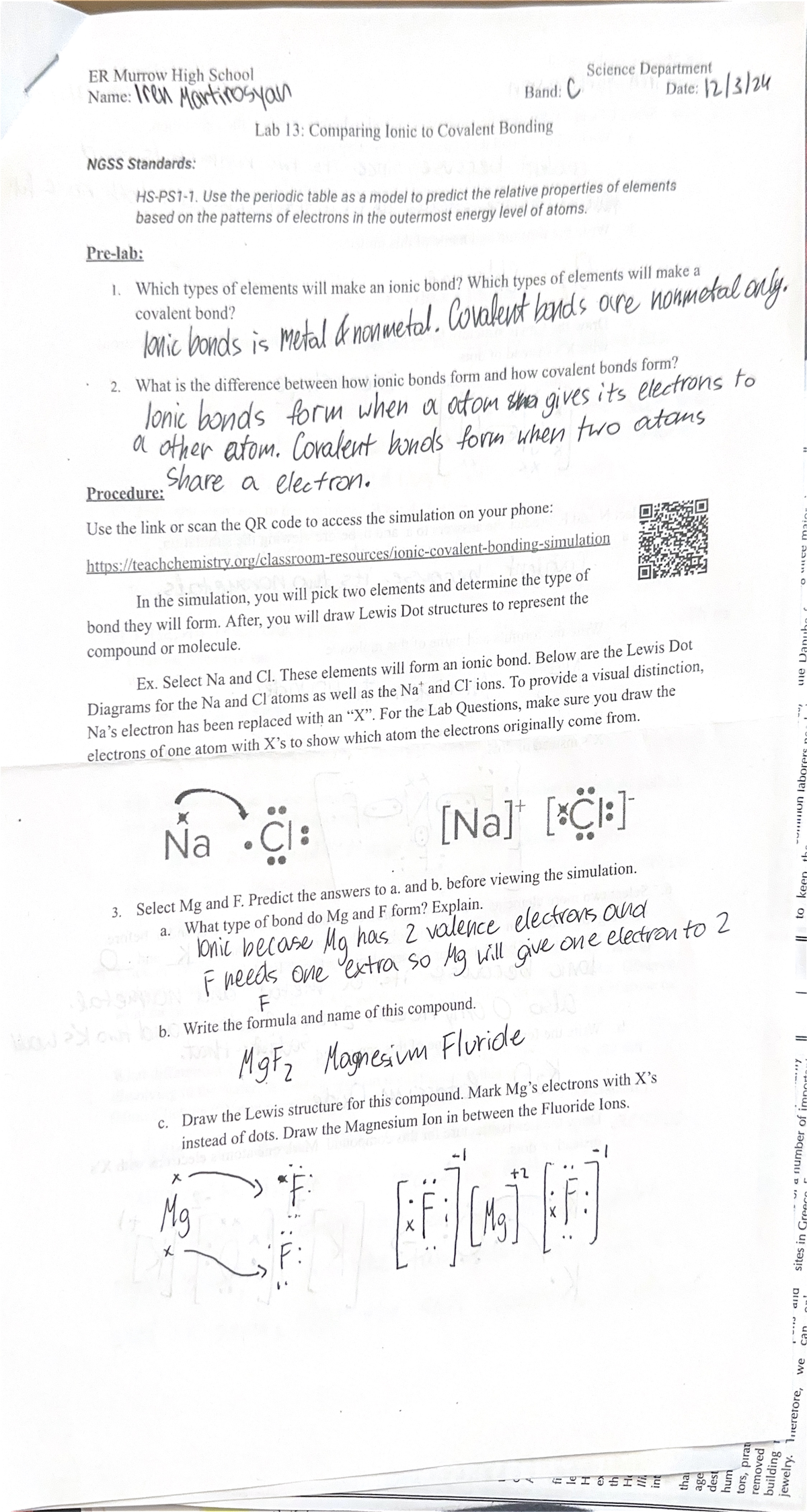 Lab # 13 Comparing Ionic and Covalent Bond - PHET - ER Murrow High ...