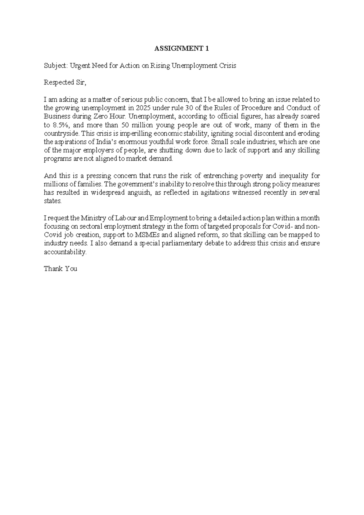 ASSIGNMENT 1: Urgent Action on Unemployment Crisis - MP Internship ...