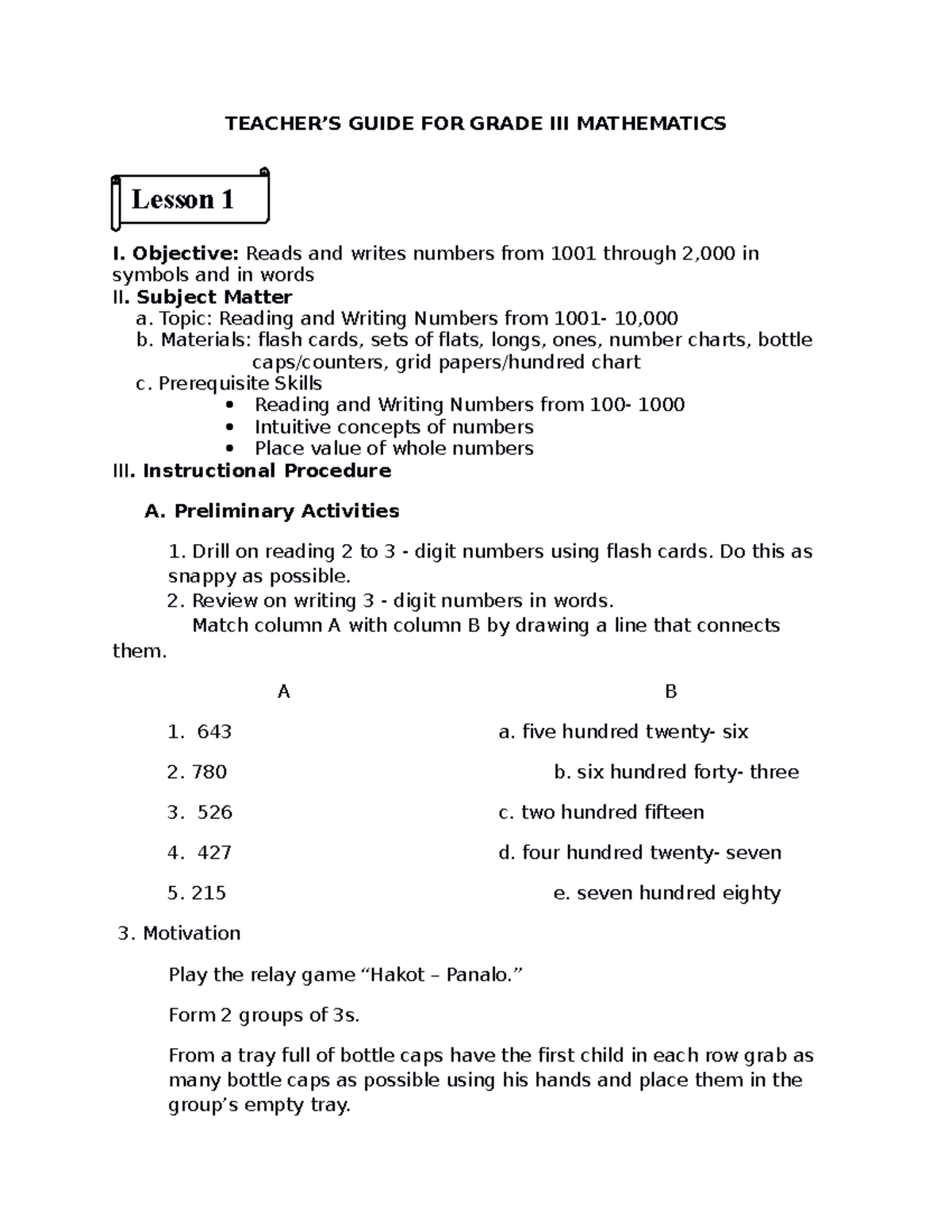 Grade III Math Lesson Plan: Numbers from 1001 to 2000 - Lessons 1-21 ...