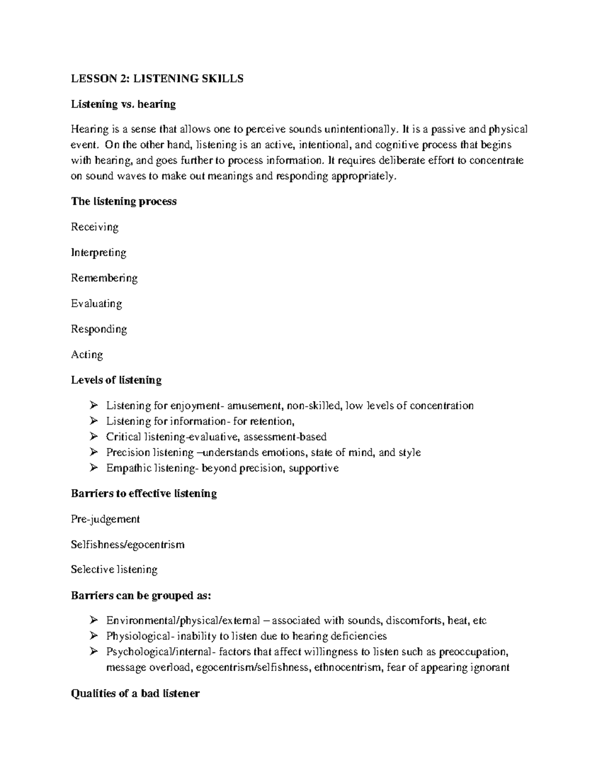 Lesson 2 - Eager to learn - LESSON 2: LISTENING SKILLS Listening vs ...