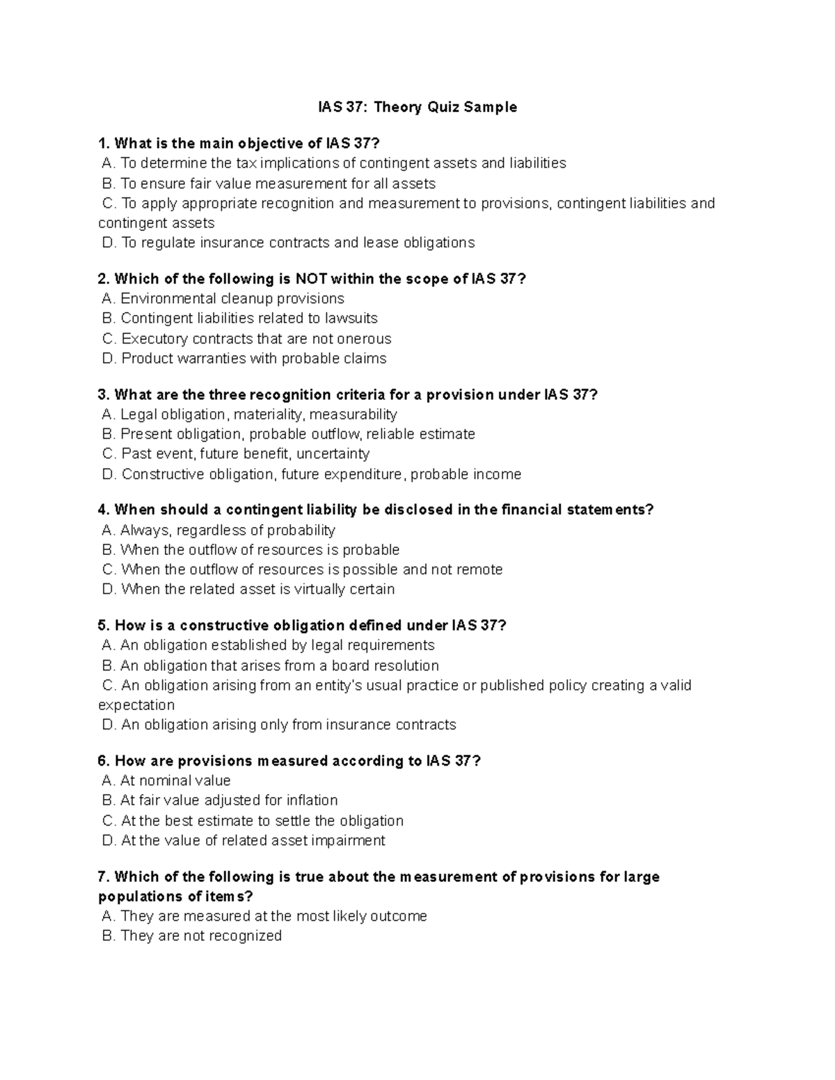 IAS 37: Multiple Choice Drills for Theory Quiz Sample 1 - Studocu