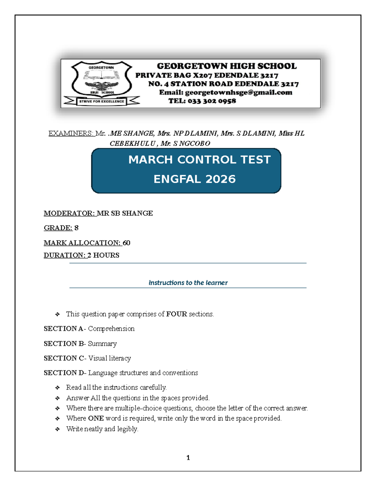 English 2026 Grade 8 Term 1 Control Test: Comprehension & Language ...
