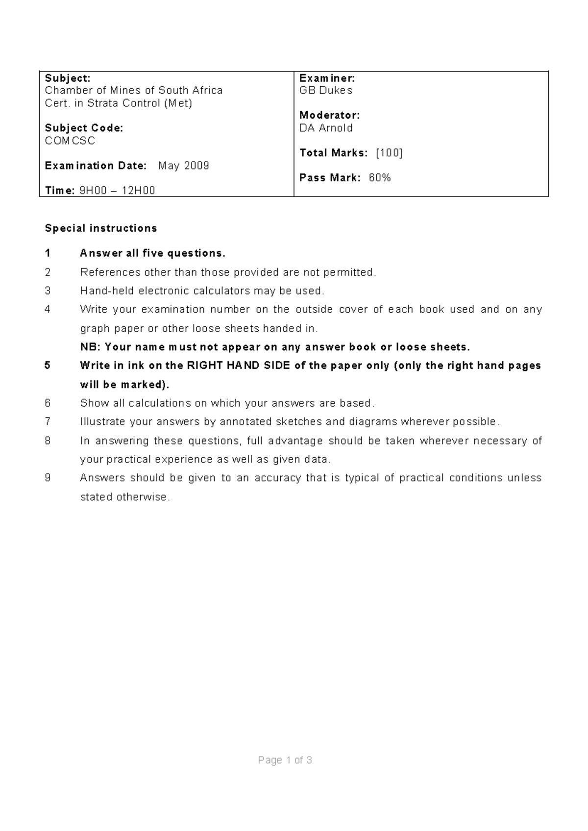 2009 May COMCSC Strata Control Exam - Question Paper - Studocu