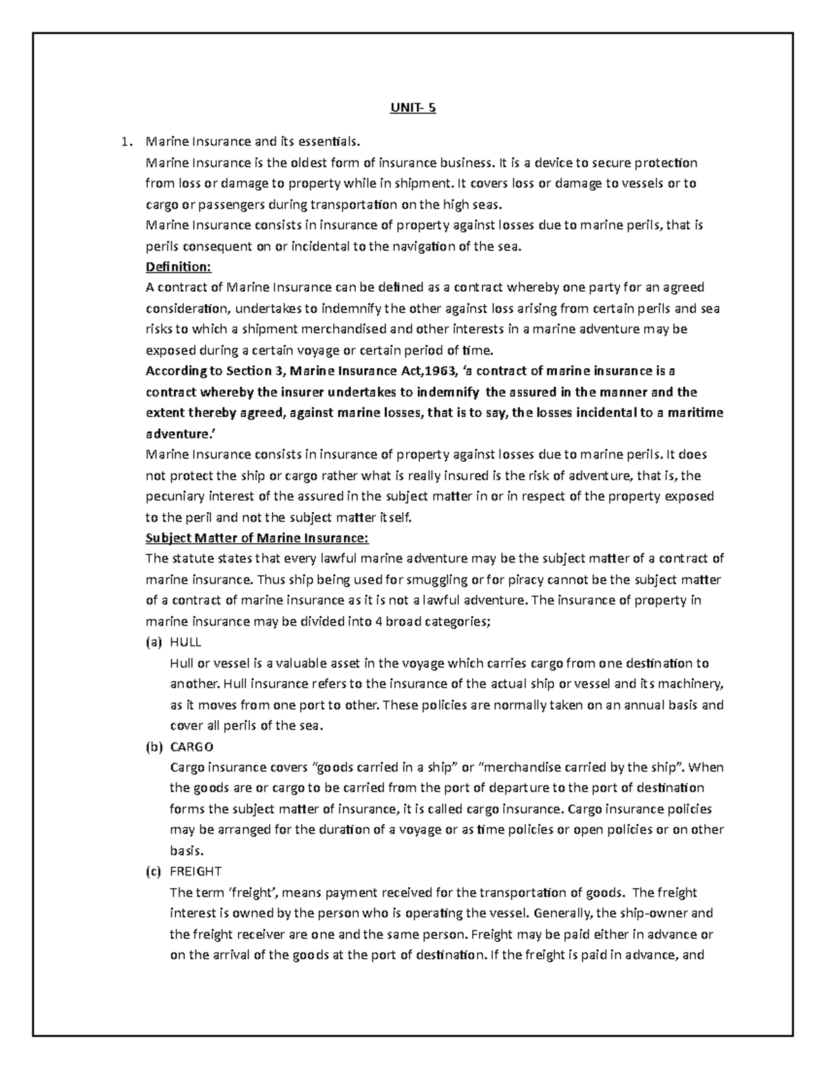 Important Questions on Marine Insurance (Unit 5) - Studocu