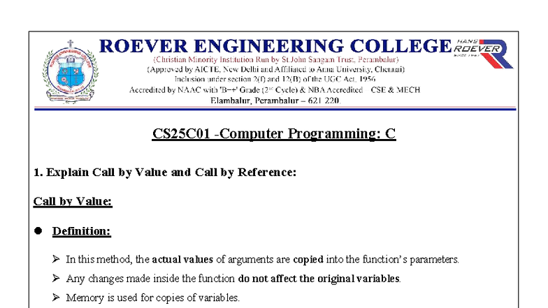 CS25C01 Programming: Call by Value & Reference Explained - Studocu
