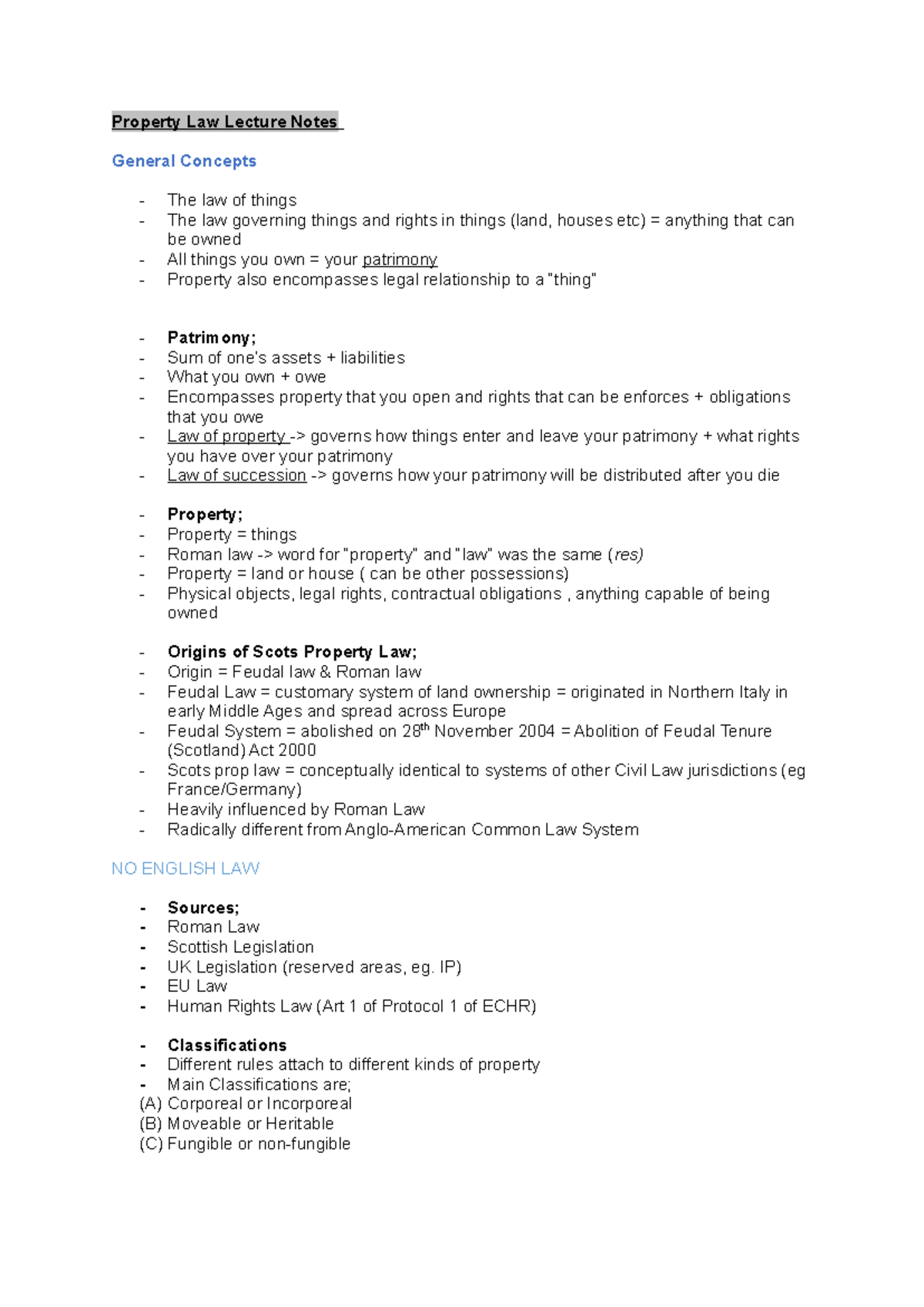 Property Law Lecture Notes: Key Concepts and Classifications - Studocu